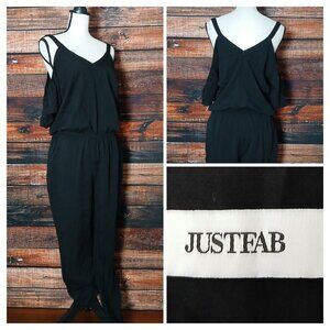 NWT Justfab Jumpsuit M Black Rayon Cold Shoulder Flutter Sleeve Pockets